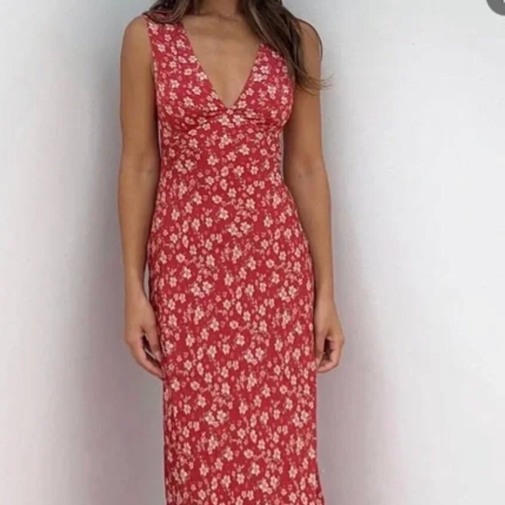 Ownley Tulip Dress Midi Red Floral